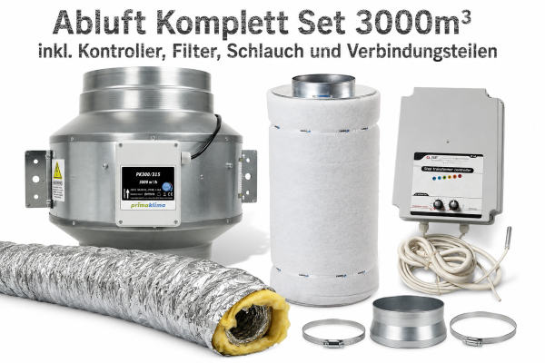 Abluft Komplett Set Blue Line 3000m³/h inkl. Kontroller, Filter, Schlauch und Montagematerial
