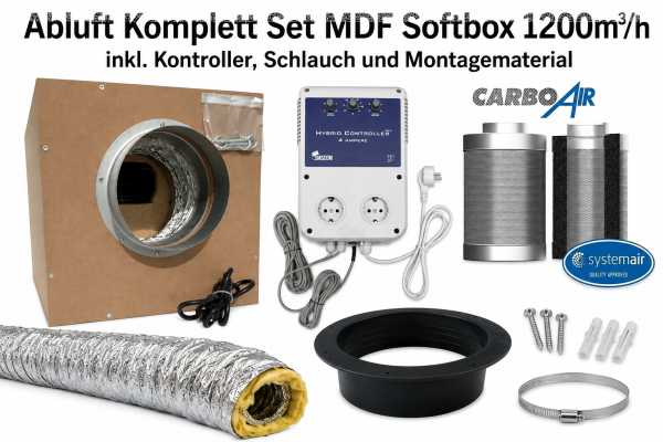 Abluft Komplett Set MDF Softbox 1200m³/h inkl. Kontroller, Schlauch und Montagematerial